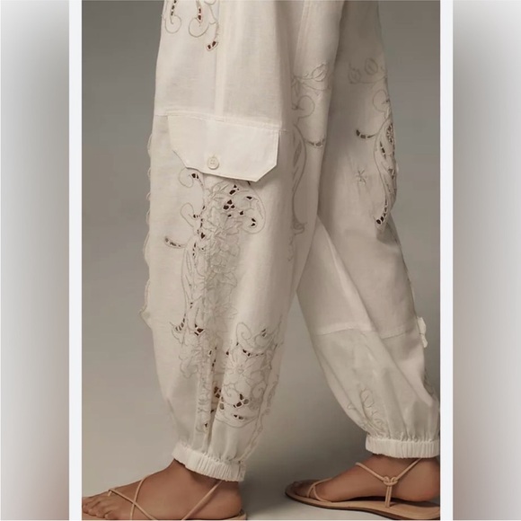 Anthropologie Embroidered Linen Pull-on Joggers Medium - Picture 4 of 9